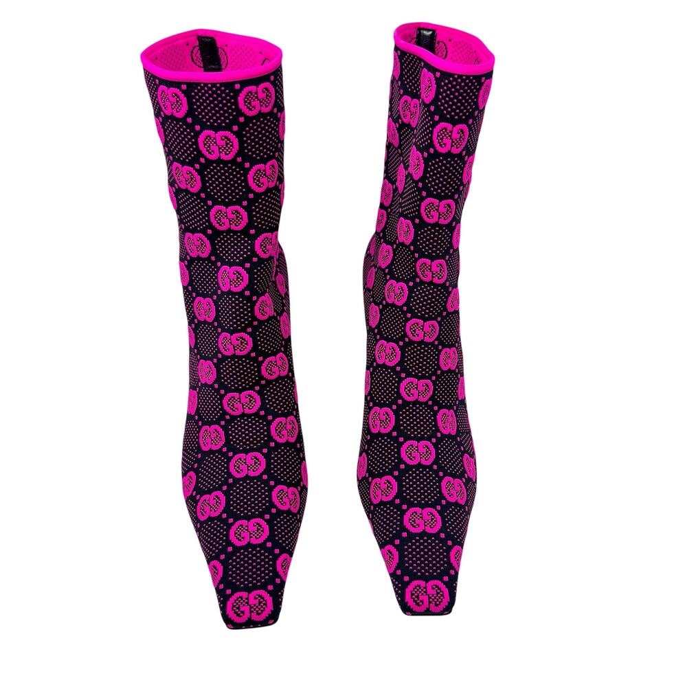 Gucci Technical GG Jersey Tom Boots Pink Black Neon Fuchsia Monogram Booties 42 - Picture 2 of 8